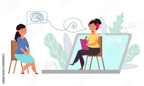 Online therapist. Internet communication, psychological counselling virtual. Medical treatment, web therapy session. Distance support decent vector concept