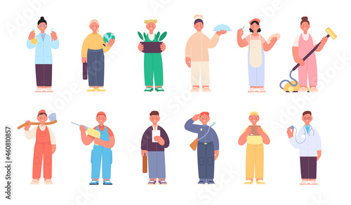 Kids in profession. Occupation children, professions different characters. Isolated young workers, cartoon kid in uniform utter vector set