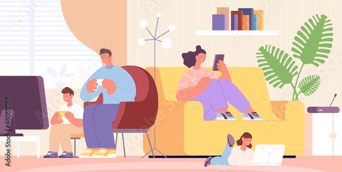 Family at home with gadget. Parents, kids use smartphone and playing computer. Modern digital lifestyle. Social media addiction utter vector scene