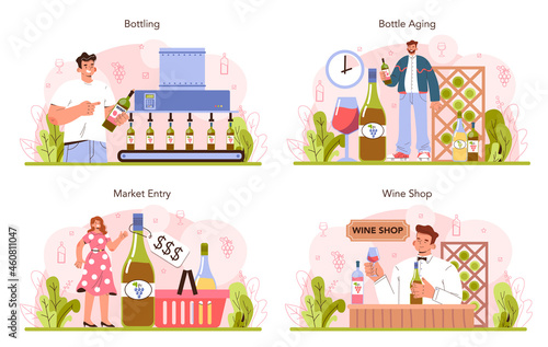 Wine production concept set. Grape wine puted in bottles for sale.