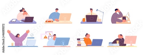 Daily office work. Business people at desk, home workplace. Man at laptop or computer, diverse emotions human. Adults career or education utter vector set