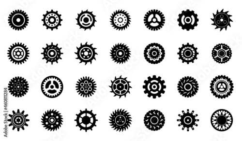 Mechanical gears elements. Cogs gear wheel, isolated mechanical icons. Engineering symbol, clock or car details. Black cogwheels recent vector set