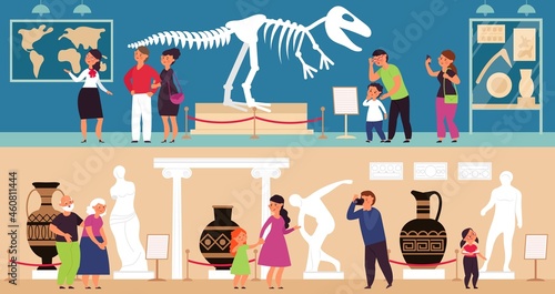 Art gallery visitors. Museum visitor, people on exhibit. Tourist looking painting artworks, dino skeleton and sculptures. Exhibitions decent vector background