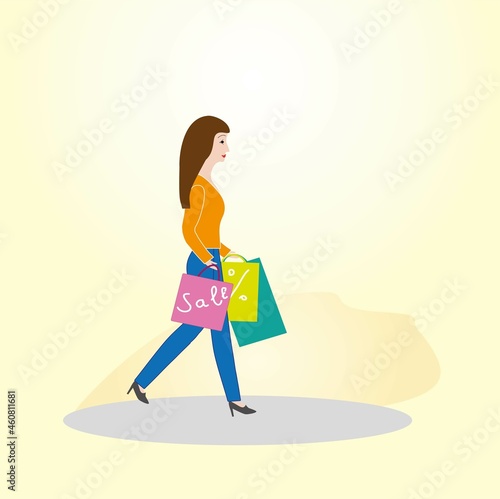 autumn sale, a beautiful girl with shopping bags and gifts, a banner, a copy of the space for your advertising and text