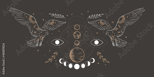 abstract illustration of a silhouette of the animal of the wild world. sacred geometry and celestial space bodies. bogemical of the sun and moon