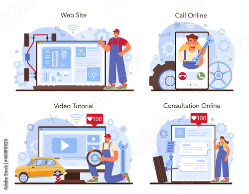 Car tire service online service or platform set. Worker changing a tire