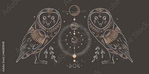 abstract illustration of a silhouette of the animal of the wild world. sacred geometry and celestial space bodies. bogemical of the sun and moon