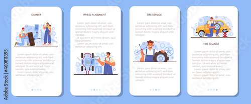 Car tire service mobile application banner set. Worker changing a tire