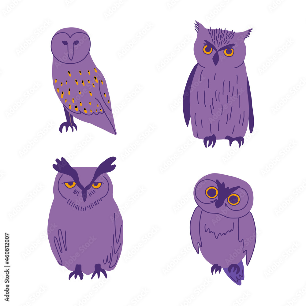 Various owls vector illustrations. Hand drawn cartoon birds. Wisdom symbol and Halloween character. Various owls vector illustrations. Hand drawn cartoon birds. Wisdom symbol and Halloween character.