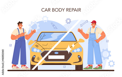 Car service. Automobile got fixed in garage. Mechanic in uniform