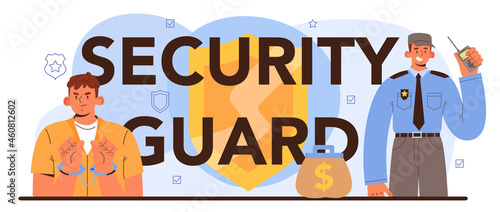Security guard typographic header. Transportation of a criminal