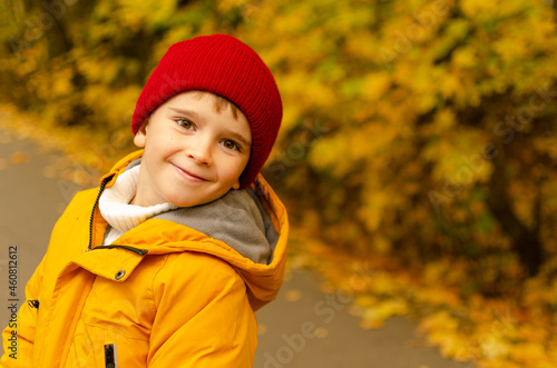 A boy in the park in the fall plays with leaves