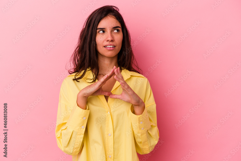 Young caucasian woman isolated on pink background making up plan in mind, setting up an idea. Young caucasian woman isolated on pink background making up plan in mind, setting up an idea.