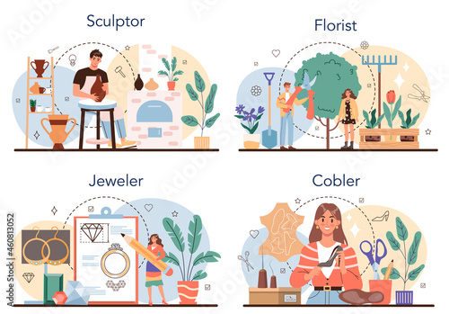 Artistic occupation set. Crafting process. Florist and sculptor, jeweler