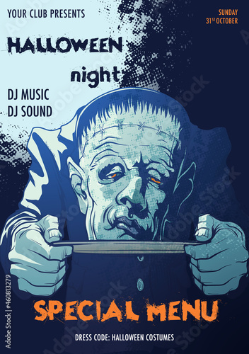 Frankenstein Monster serving his head on a tray. Moonlight Halloween party flyer template. A4 format. EPS10 Vector illustration.