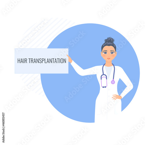 Alopecia concept. Woman doctor holding hair transplantation board in his hand. Hair loss medical treatment design template. Vector flat illustration.