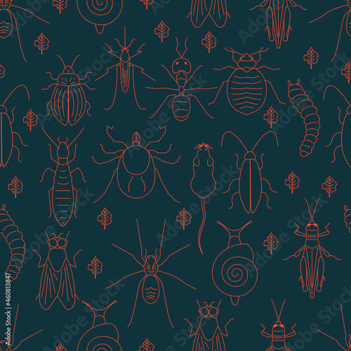 Seamless pattern of red linear pest insects and damaged leaves on black background. Parasitic beetle concept. Perfect for exterminator service companies. Vector illustration.