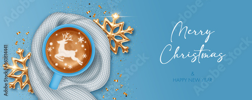 Coffee cup with warm knitted scarf and gold snowflakes. Background for greeting card, invitation or advertise