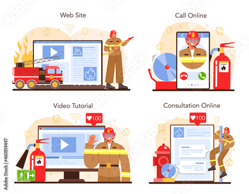 Firefighter online service or platform set. Fire brigade fighting with flame