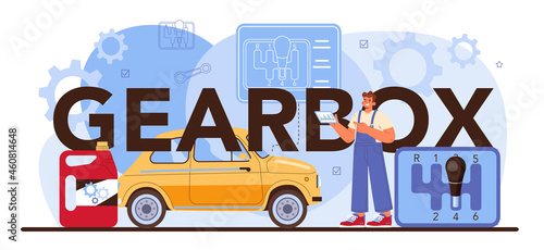 Gearbox typographic header. Car repair service. Automobile