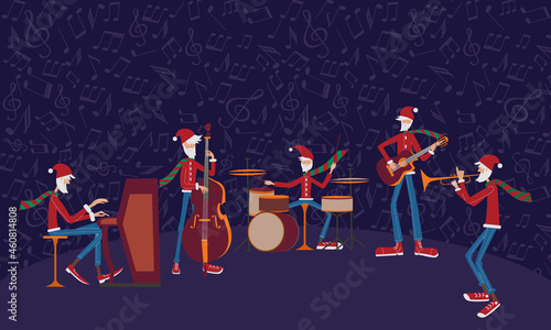 Christmas Santa music jazz band. Character vector illustration. Dark background with musial notes.