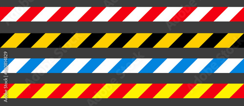 Danger, caution and warning seamless tapes. Black, yellow, red and white police stripe border. Crime vector illustration.