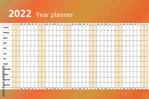 planner calendar for 2022 on one page. Orange tones, Saturday and Sunday are highlighted in color. Vector template.