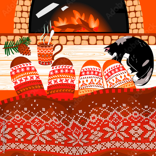 Two pairs of feet in socks under a blanket with a Christmas ornament. A fireplace, a cat, a cup of cocoa, a spruce branch,pine cone  create a cozy festive atmosphere.Vector cartoon illustration.