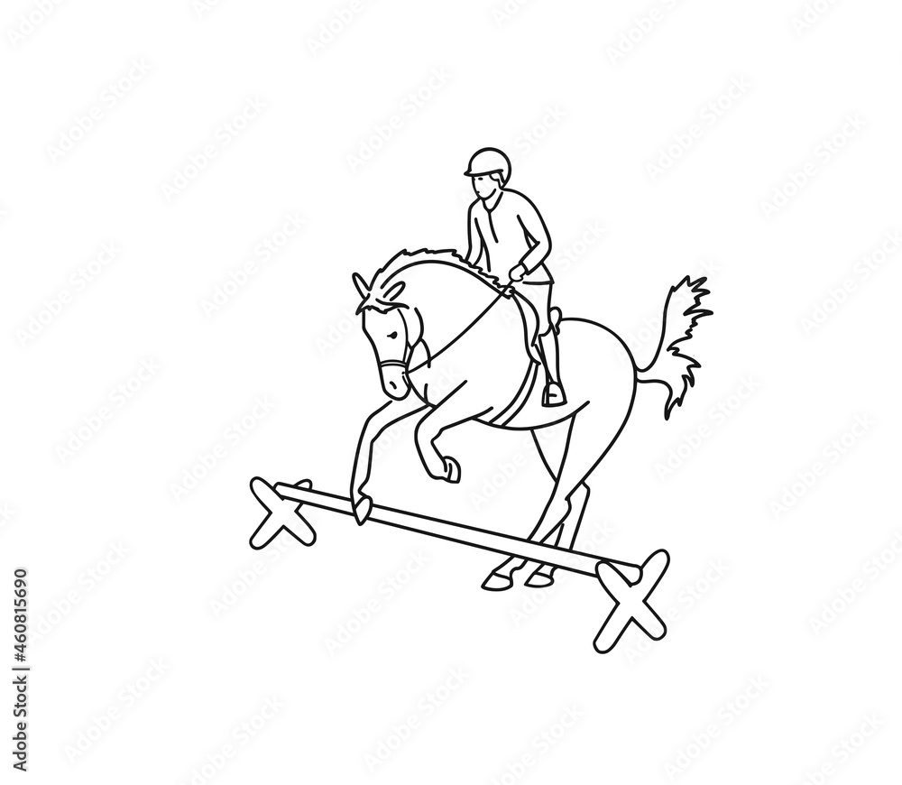 Line art of a girl rides a horse for colour books