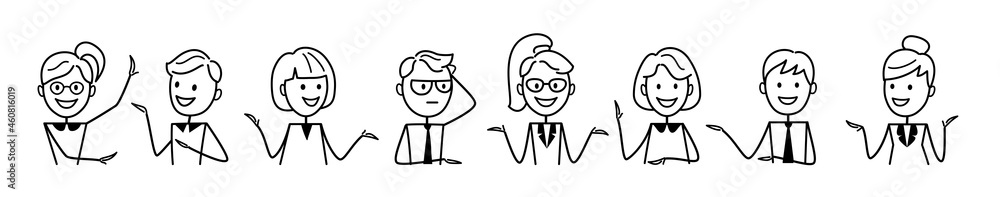 Set of characters, avatars. Emotions. People working in the office negotiate and discuss issues, solve problems, develop ideas, take part in business events. Web design concept. Outline of a vector Set of characters, avatars. Emotions. People working in the office negotiate and discuss issues, solve problems, develop ideas, take part in business events. Web design concept. Outline of a vector