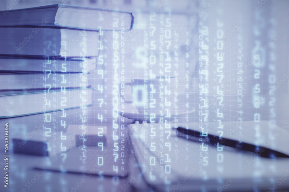 Double exposure of technology theme drawing and desktop with coffee and items on table background. Concept of data research. Double exposure of technology theme drawing and desktop with coffee and items on table background. Concept of data research.