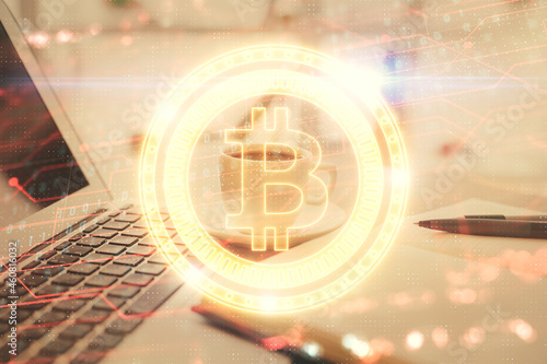 Tableau sur toile Double exposure of crypto technology drawing and desktop with coffee and items on table background