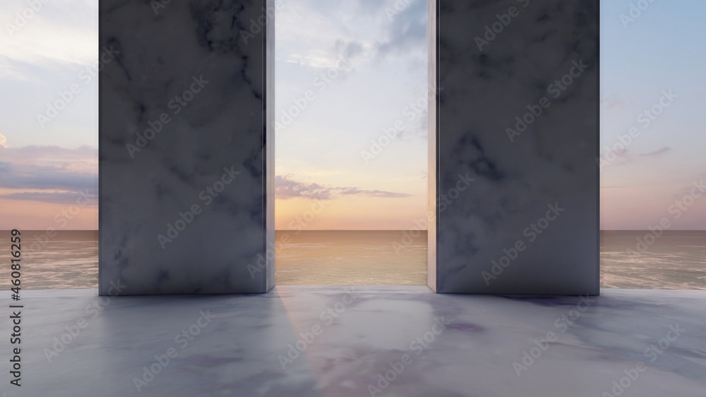 Interior background marble columns and sunset at sea 3d render