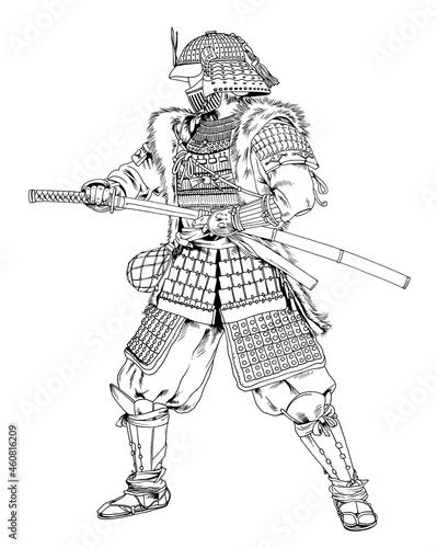 Japanese samurai warrior with a sword, attacks the enemy, hand-drawn sketch