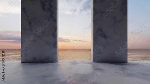 Interior background marble columns and sunset at sea 3d render