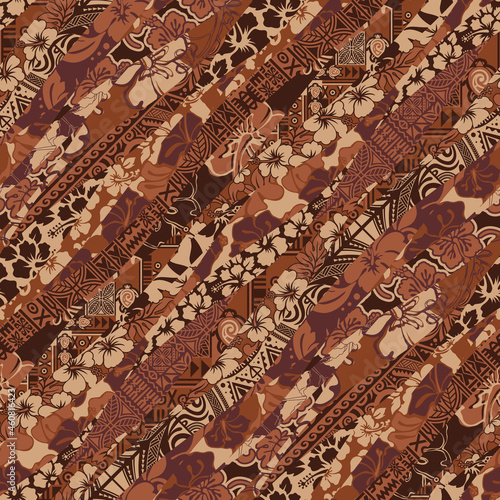 Hawaiian style hibiscus and tribal element fabric patchwork abstract vintage vector seamless pattern