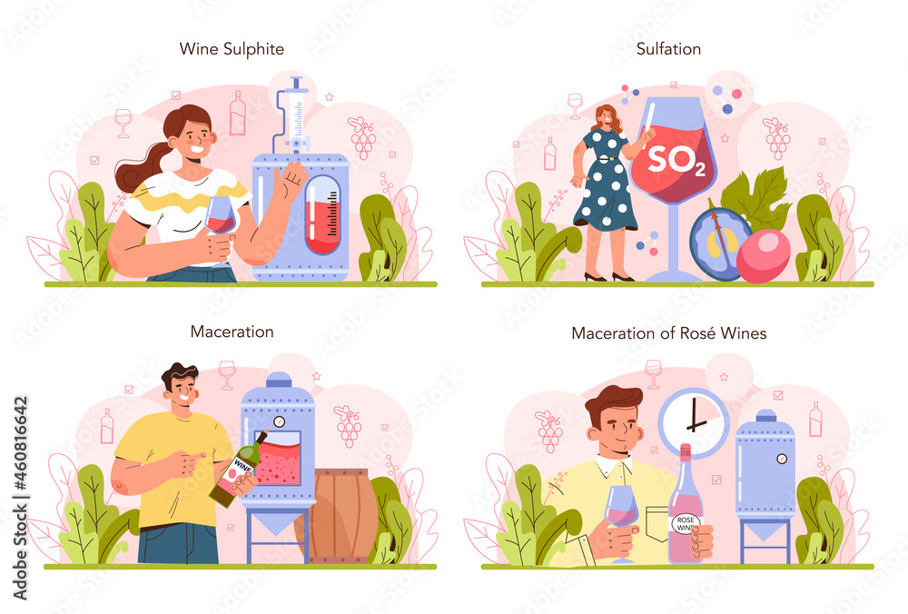 Wine production concept set. Grape wine in a bottle or glass. Alcohol drink Wine production concept set. Grape wine in a bottle or glass. Alcohol drink