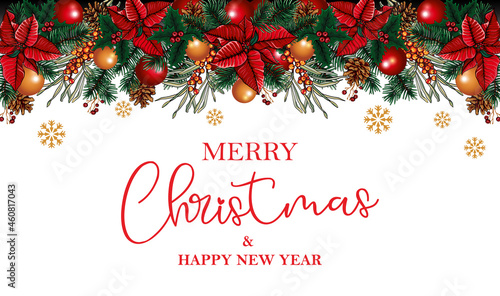 Christmas border of tree branches, cones, sea buckthorn and red berries with the inscription Merry Christmas!
