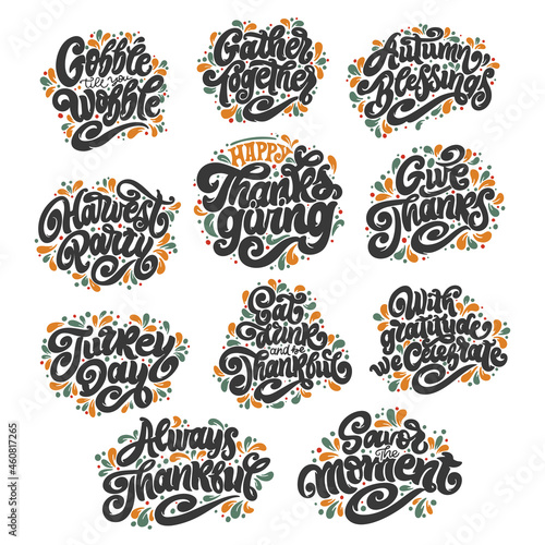 Thanksgiving Day stickers. Handwritten lettering. Vector text. Sticker, poster, logo. Design template celebration.