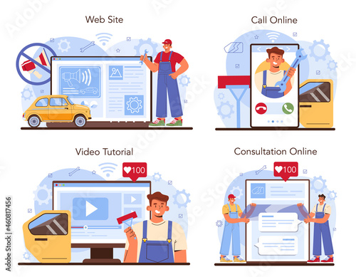Car repair service online service or platform set. Automobile sound