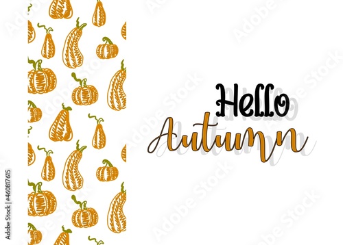 Poster with pumpkins and the inscription hello autumn in English. print for postcards and web pages.