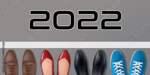 Carte de vœux 2022 sur le thème de la compétition dans le monde du travail avec pour symbole, une ligne de départ et les pieds de quatre personnes, d’âge et se sexes différents.