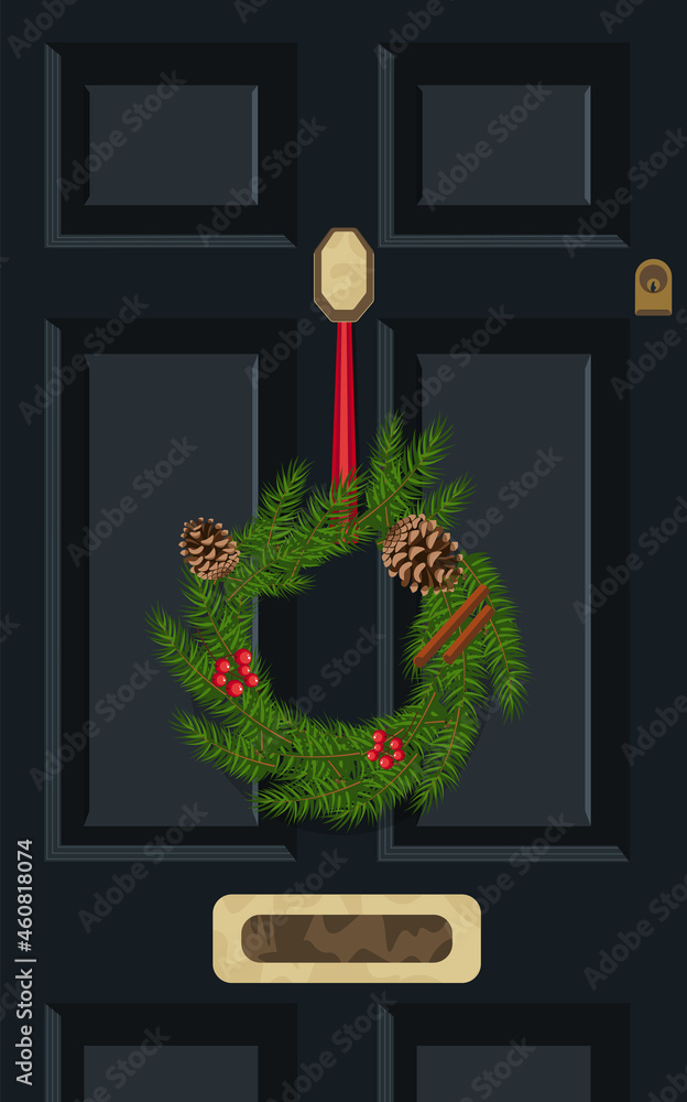 Fototapeta premium Front door with a Christmas wreath. Christmas decoration. Holiday card