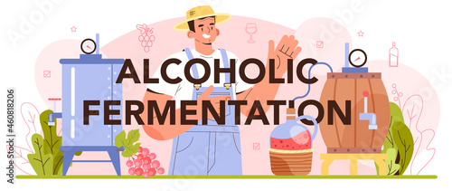 Alcoholic fermentation typographic header. Wine production. Alcohol drink