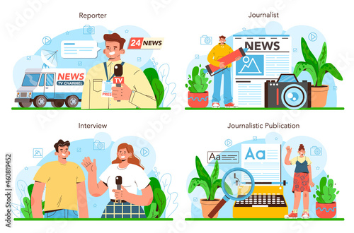Journalist concept set. Newspaper, internet and radio journalism. TV reporter