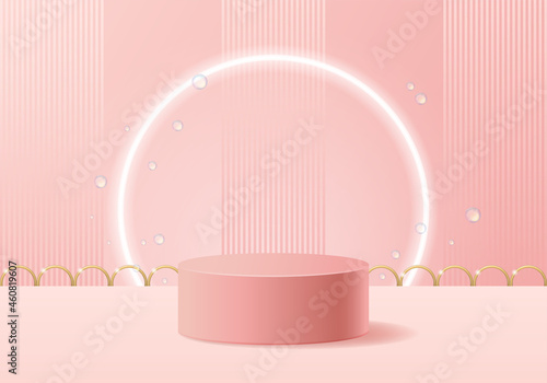 3d podium product background with pink platform. Vector background with cylinder, soap bubbles, gold rings. Cosmetic product demonstration podium