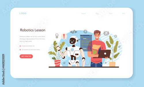 Robotics school course web banner or landing page. Robotic engineering