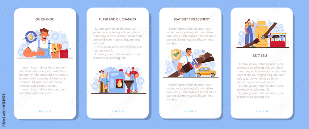 Car repair service mobile application banner set. Automobile components Car repair service mobile application banner set. Automobile components