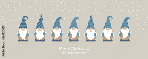 christmas greeting card with cute christmas dwarf and snowy landscape