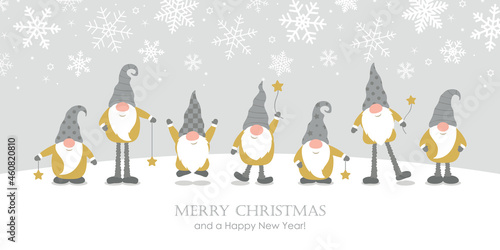 christmas greeting card with cute christmas dwarf and snowy landscape